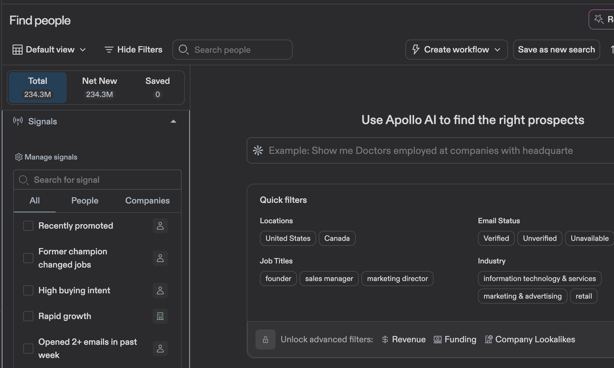Apollo advanced people search filter