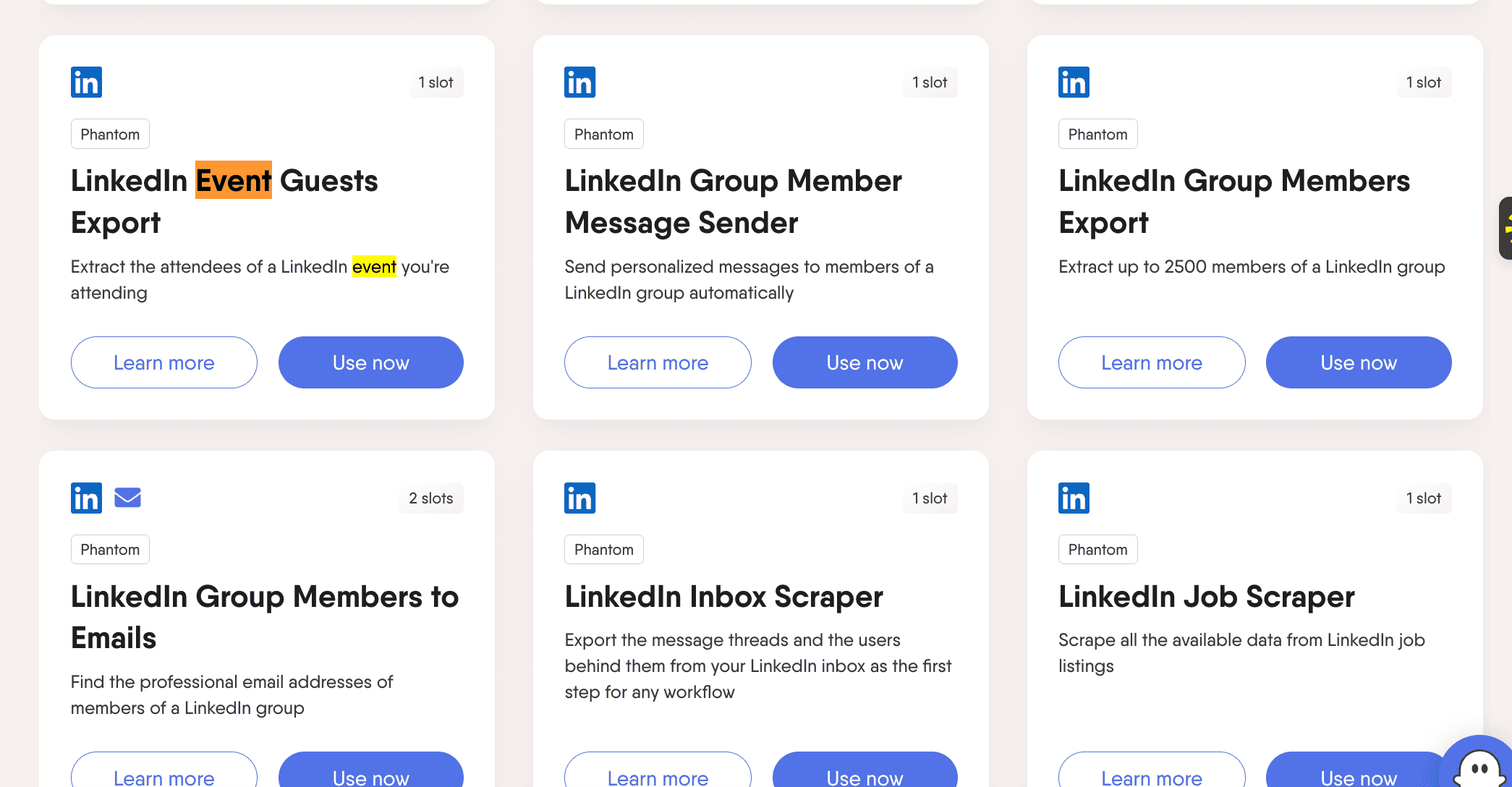PhantomBuster event options