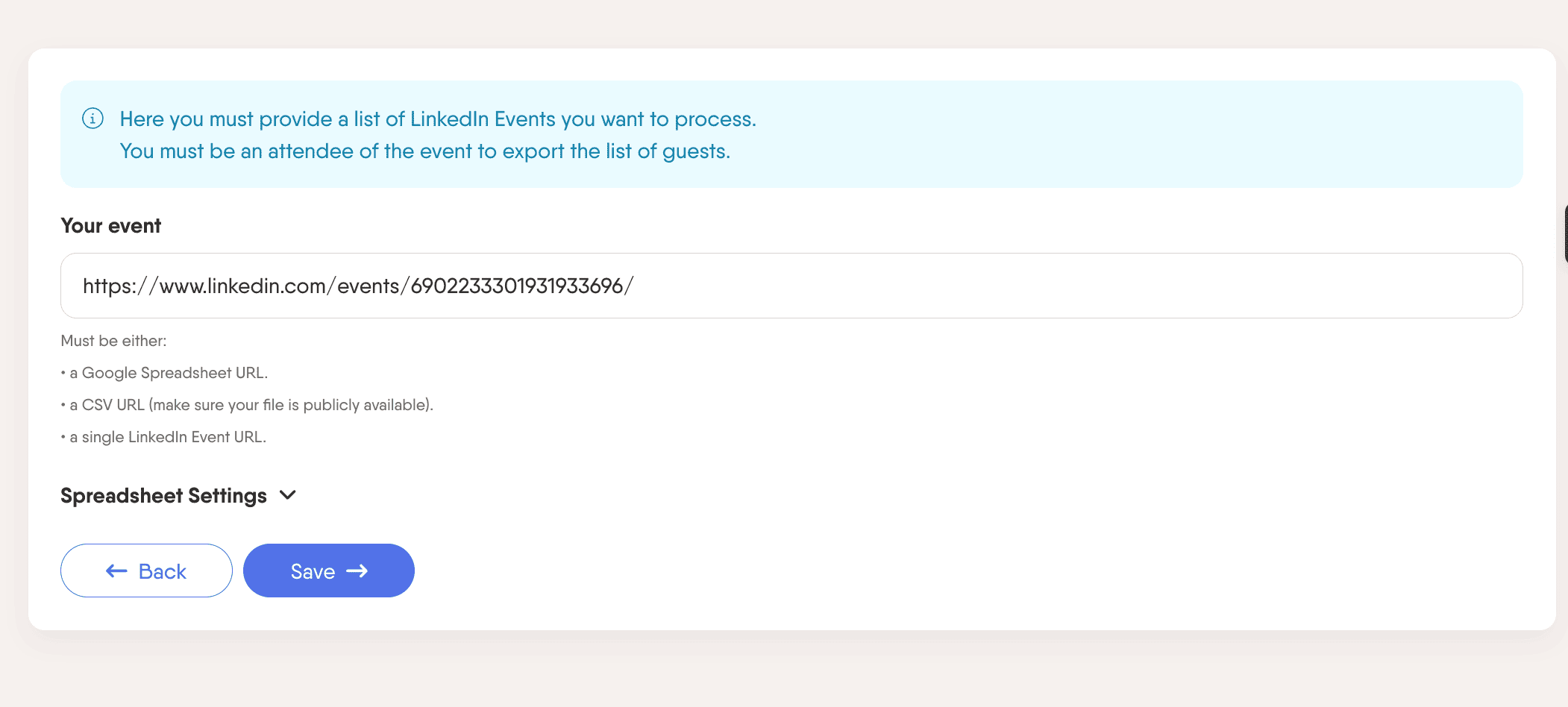 PhantomBuster event link insertion