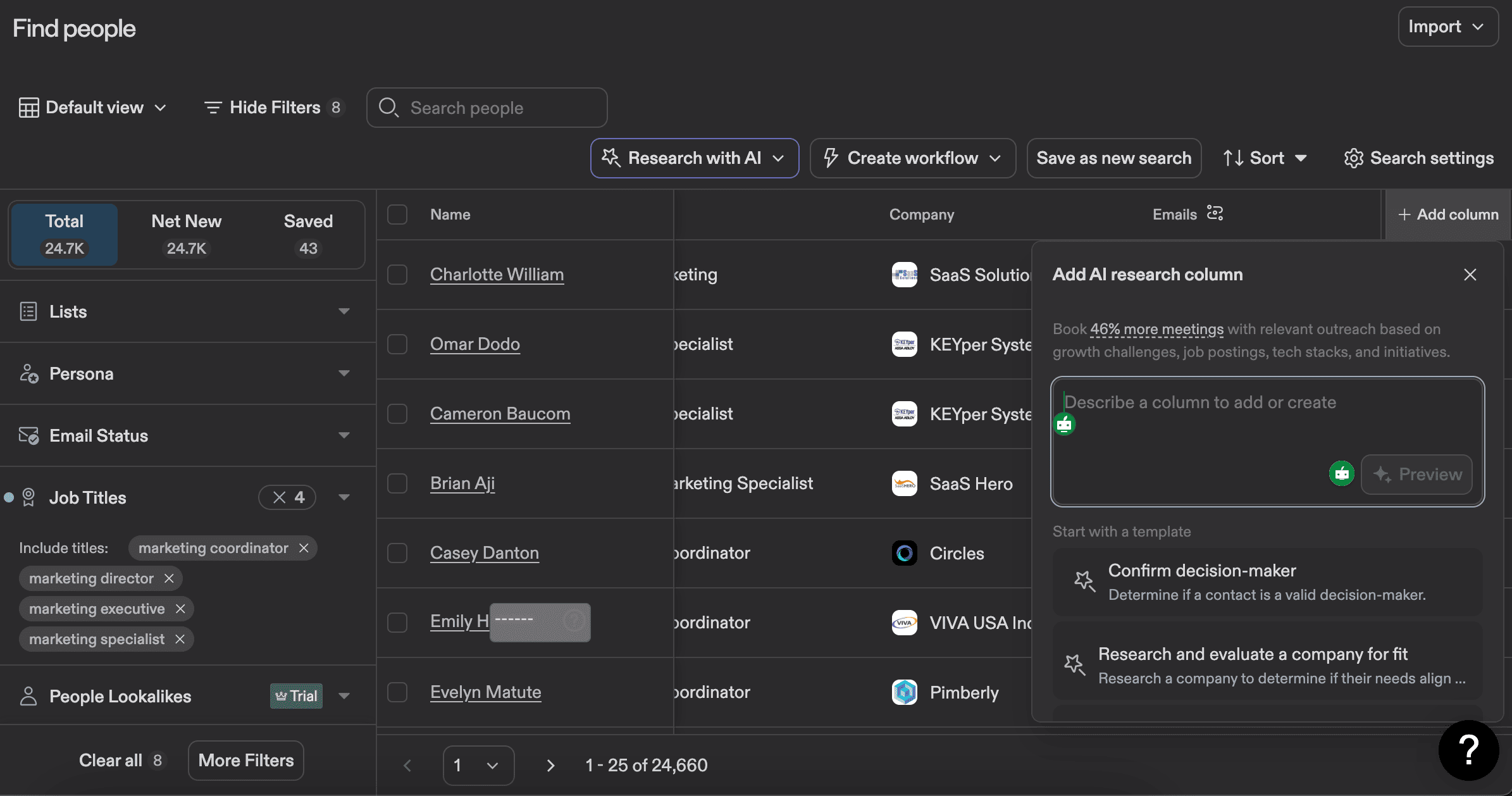 Apollo AI search column