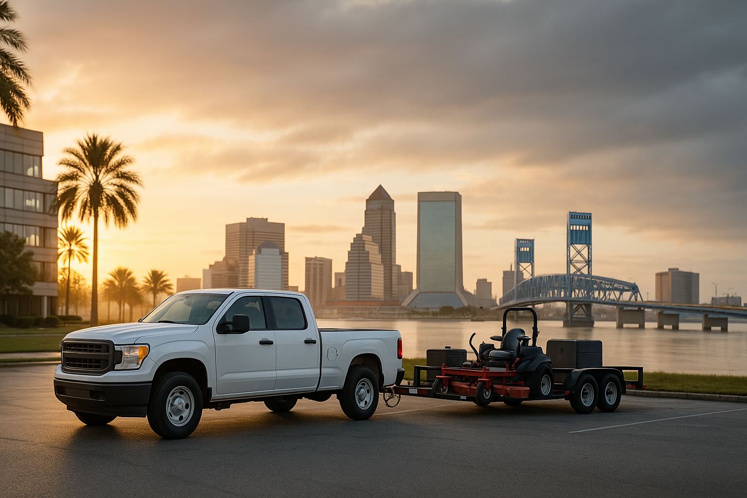 White pickup truck towing a commercial mower at sunrise by the St. Johns River, with palm trees, office buildings, and Jacksonville’s Main Street Bridge in the background.
