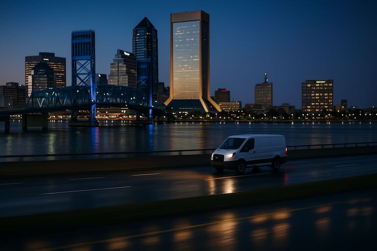White service van driving along a riverside road at dusk, with Jacksonville’s skyline and the blue-lit Main Street Bridge reflecting in the St. Johns River.