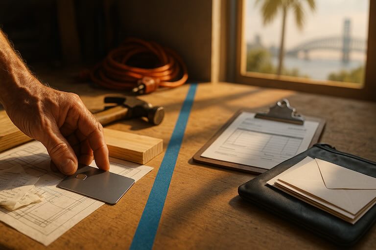 Worker’s hand sets a metal card on a sunlit workbench with tools, invoices, and blue painter’s tape; palm trees and a bridge blur outside.