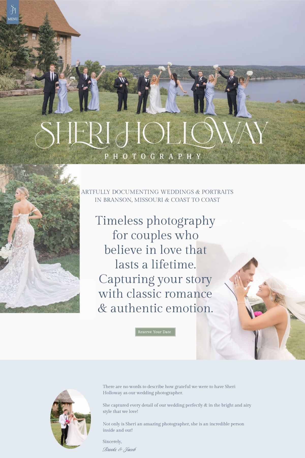 Wedding photography homepage for Sheri Holloway Photography, featuring a bridal party celebrating outdoors, romantic couple portraits, and messaging about timeless, classic wedding photography.
