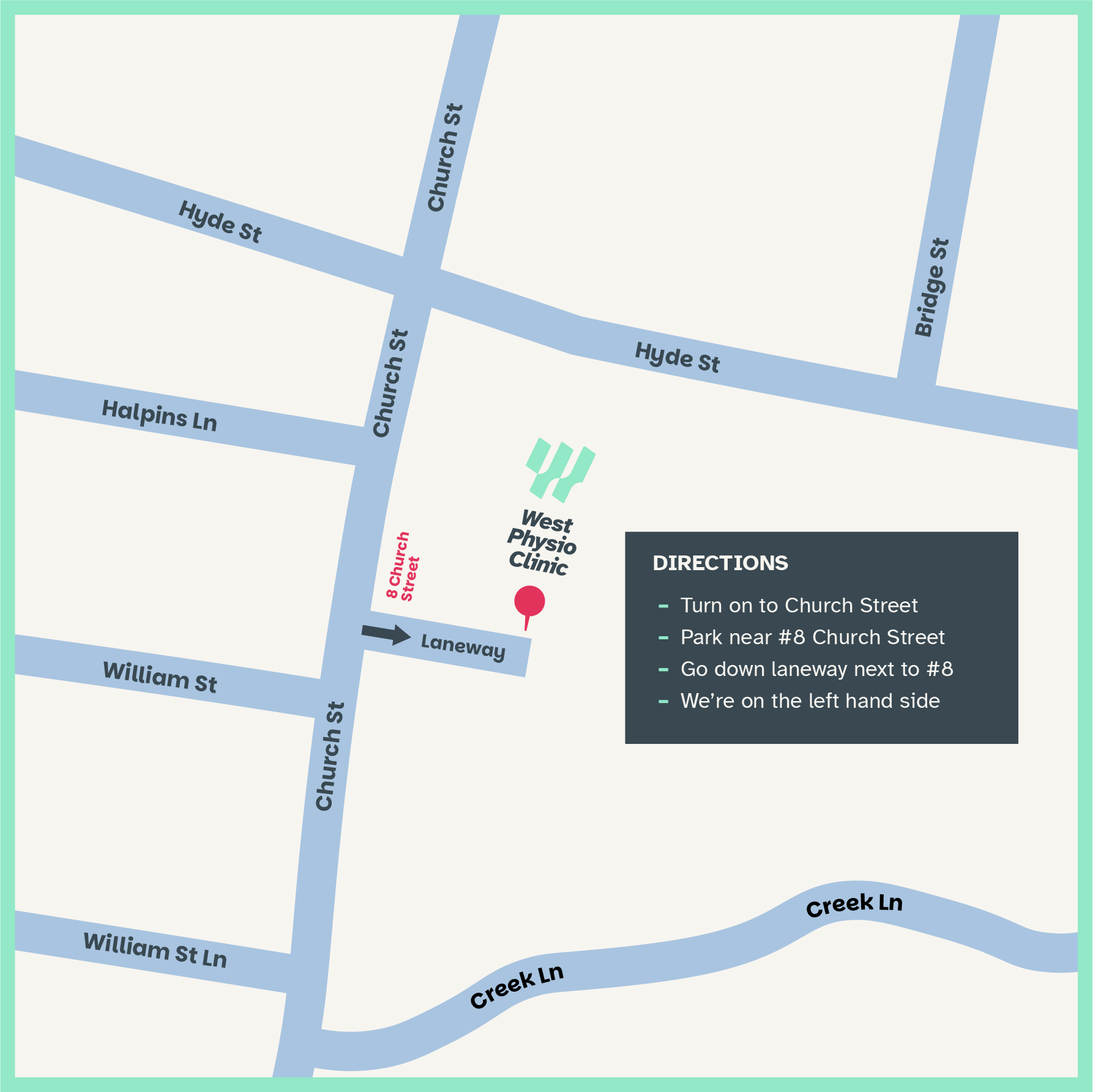 simple map showing directions to the clinic: Go to the laneway next to 8 Church Street and follow it down, we're on the left hand side.