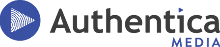 Authentica Media logo with a blue circular play button icon to the left of the company name.