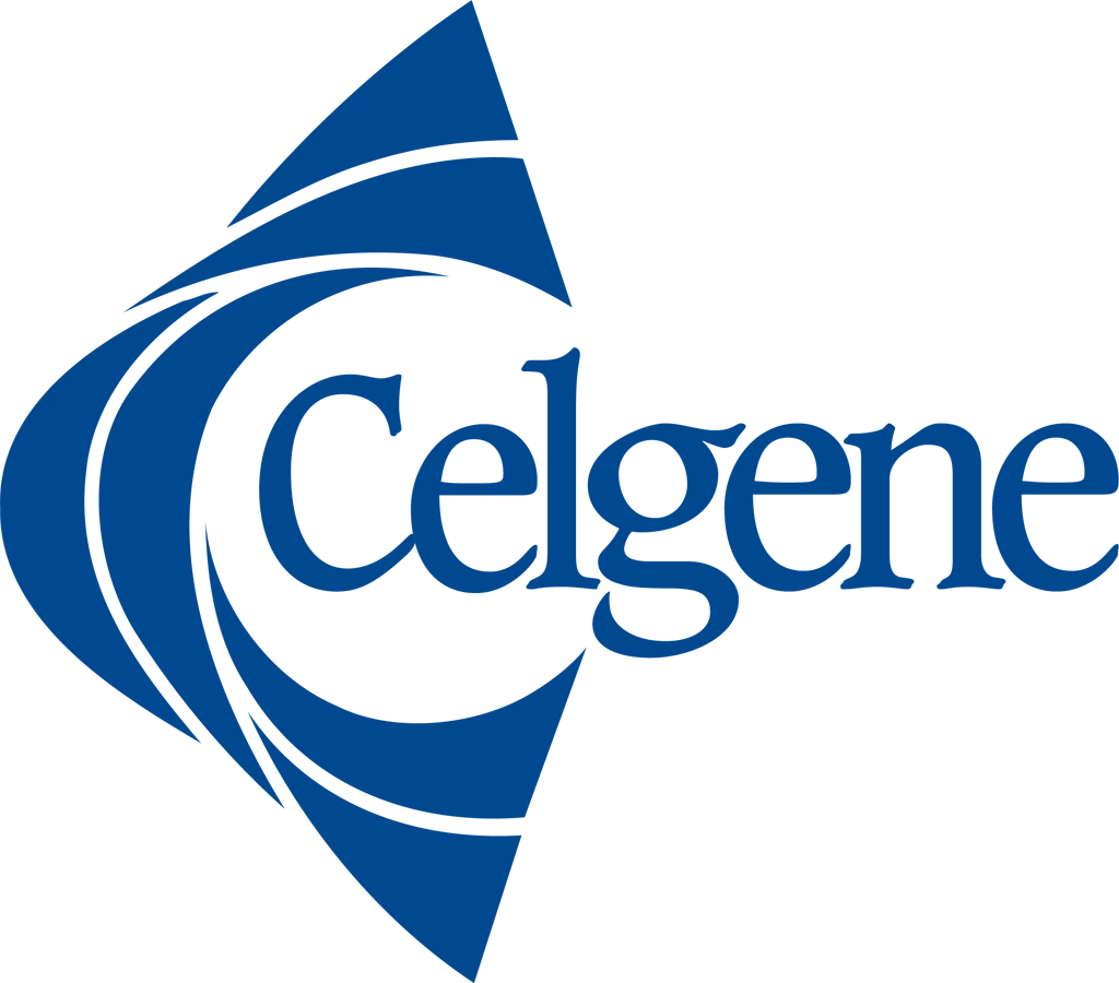 Celgene company logo in blue with stylized abstract design.