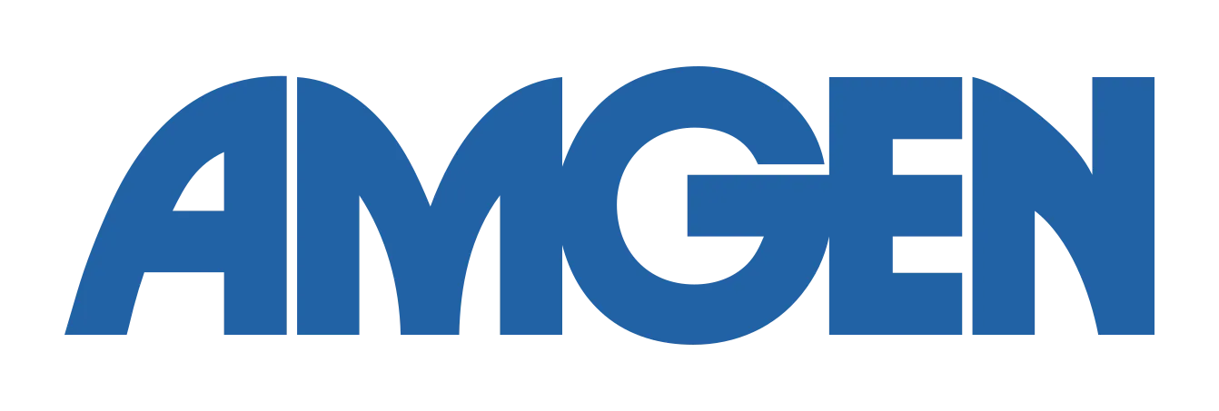 Amgen logo in bold blue letters.
