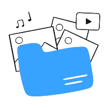 Blue folder icon containing images and a video play button with a music note above.