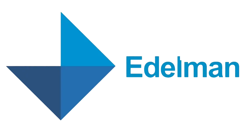 Edelman logo with two blue overlapping triangular shapes forming a diamond to the left of the company name.
