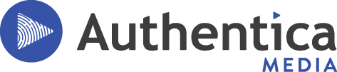 Authentica Media logo with a blue triangular icon made of curved lines next to gray text 'Authentica' and smaller blue text 'MEDIA' below.