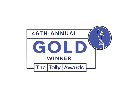 Emblem for the 46th Annual Gold Winner of The Telly Awards featuring a stylized statue icon.