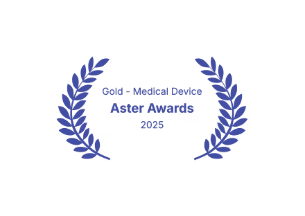 Gold Medical Device Aster Awards 2025 text surrounded by two blue laurel branches.