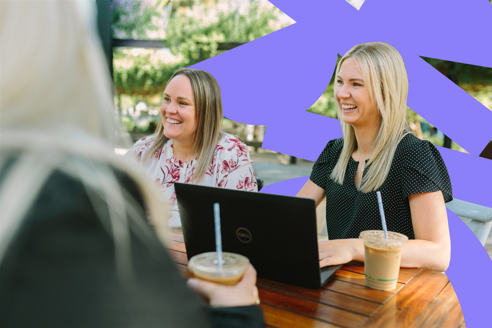 Home Assist team chatting over coffee and a laptop at an outdoor table, styled with Home Assist SA's purple brand pattern overlay.