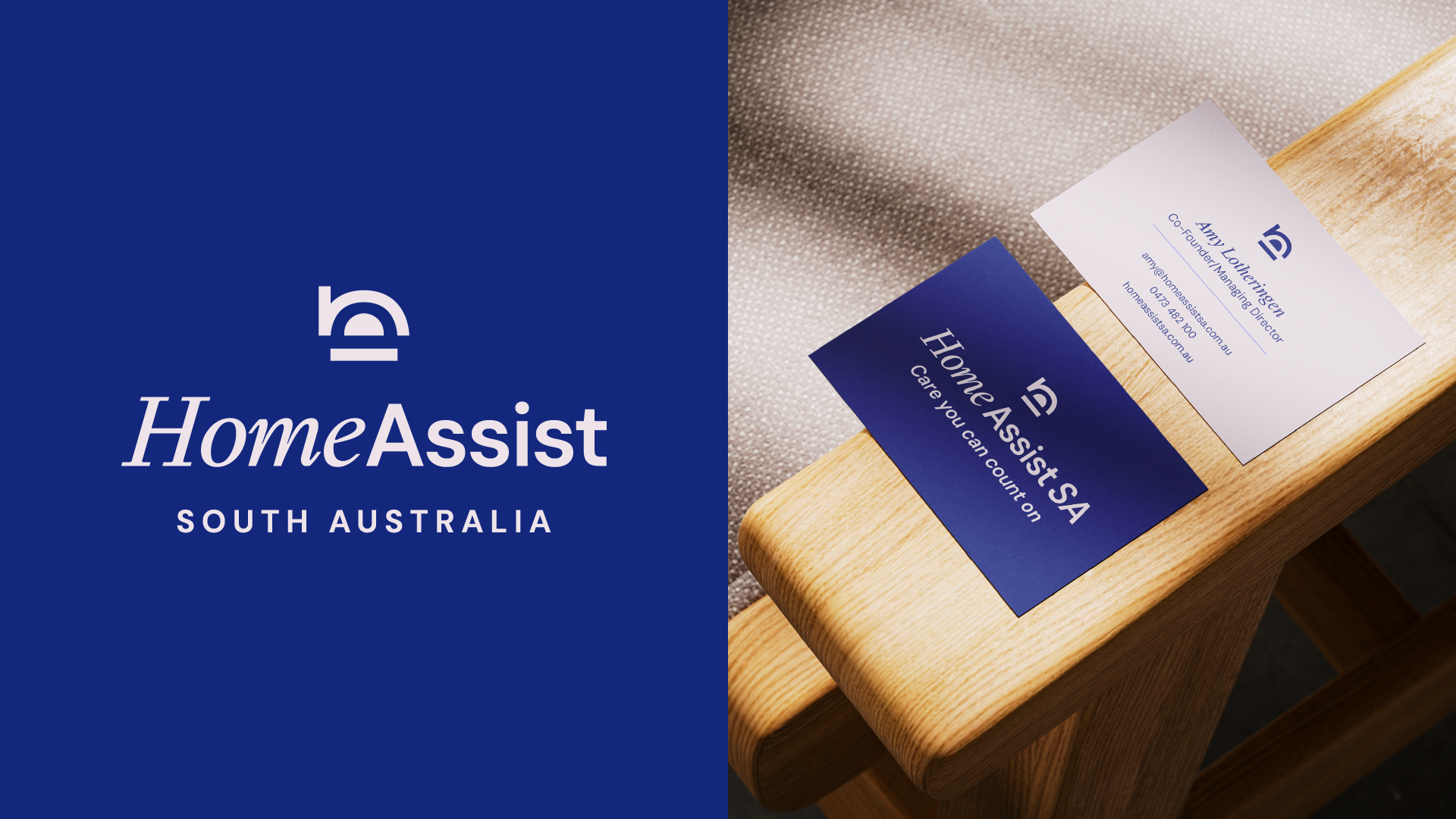 The Home Assist SA logo beside the brand's new navy business cards, including one for managing director Amy Lotheringen.