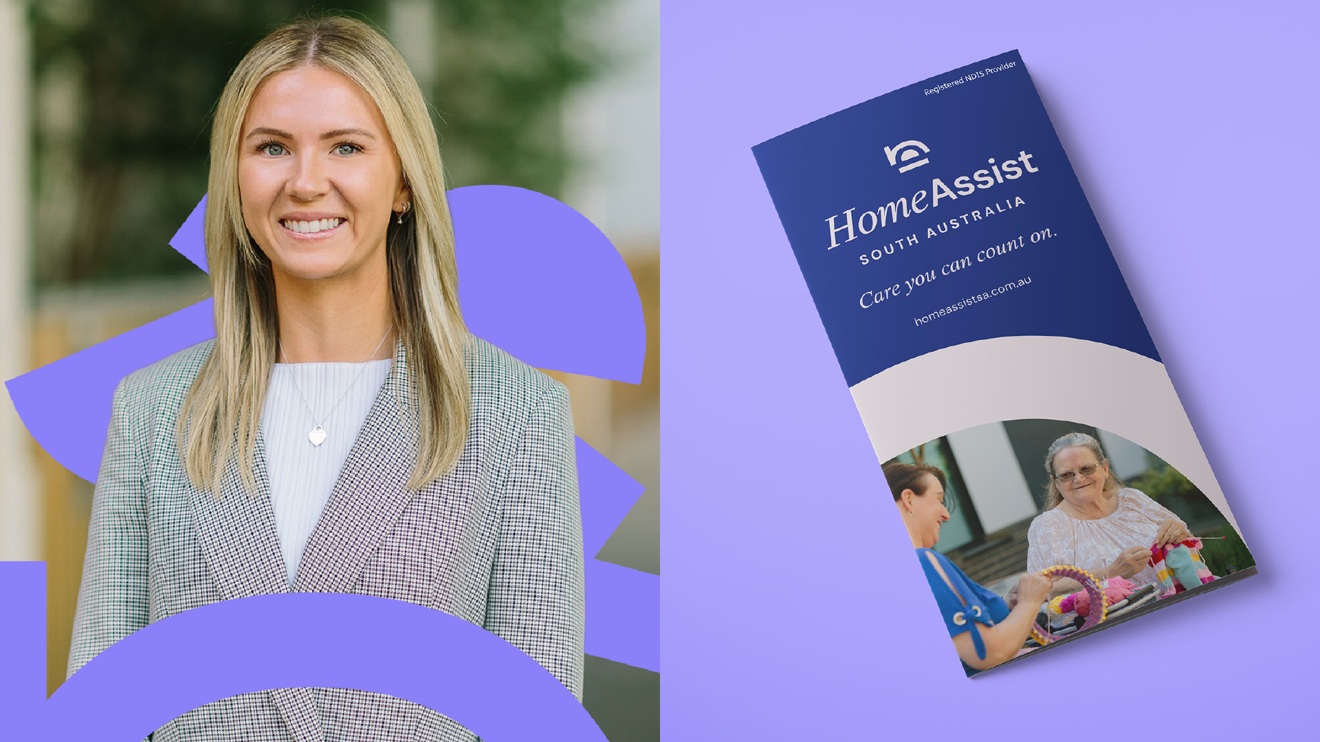 Headshot of Amy Lotheringen, Home Assist SA's managing director, next to the brand's tri-fold Registered NDIS Provider brochure.