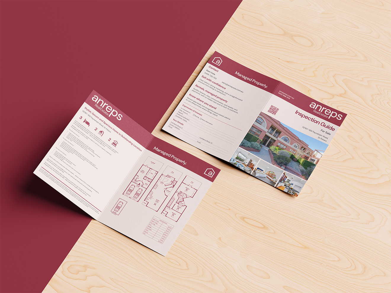 Anreps Real Estate inspection guide brochure, part of a South Australian real estate brand refresh by Longshot Studio