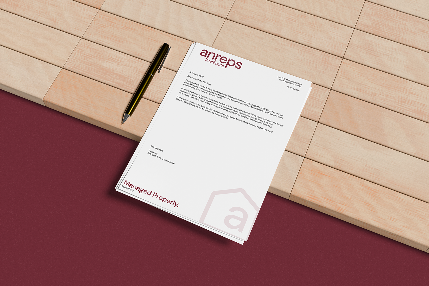 nreps Real Estate letterhead design featuring the logo, house-and-"a" icon, and "Managed Properly" tagline, part of a South Australian real estate branding project by Longshot Studio