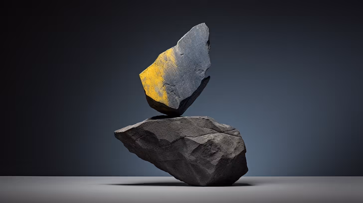 Two large gray rocks balanced on each other against a dark background, with the top rock partially covered in yellow paint.