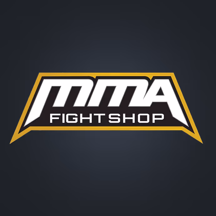 Logo of MMA Fight Shop with bold white and gold outlined text on a dark background.