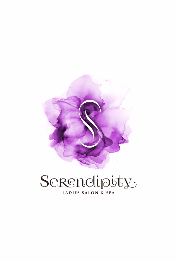 Logo of Serendipity Luxury Beauty & Spa, featuring a stylized silver 'S' over a purple watercolor flower background.