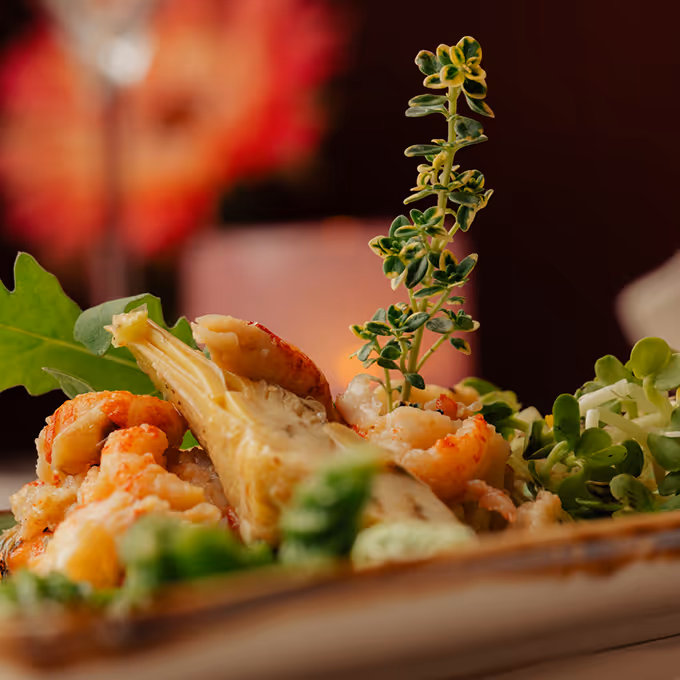 Nahaufnahme eines Garnelen-Gerichts mit Artischockenherz und frischen Kräutern auf einem Teller.