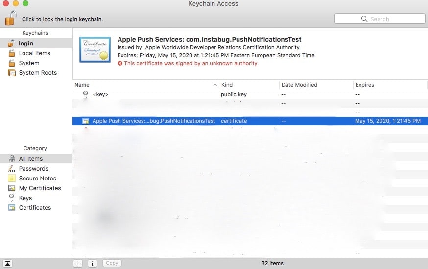 push certificate .pem