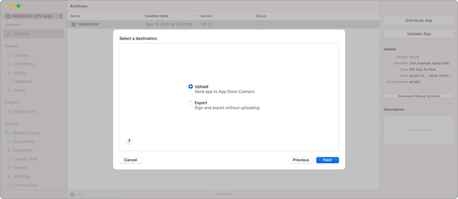 Select destination for app to be uploaded