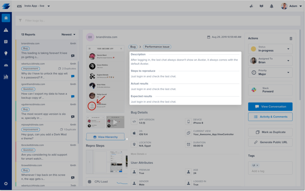 Extended bug report as shown in the dashboard