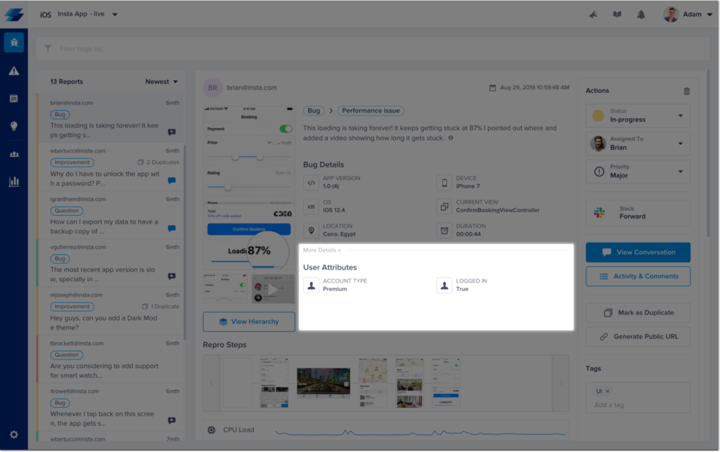 screenshot of Additional attachments on an Instabug bug report page