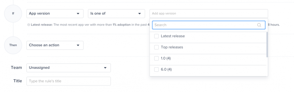 screenshot of app version dropdown menu showing latest release and top releases option