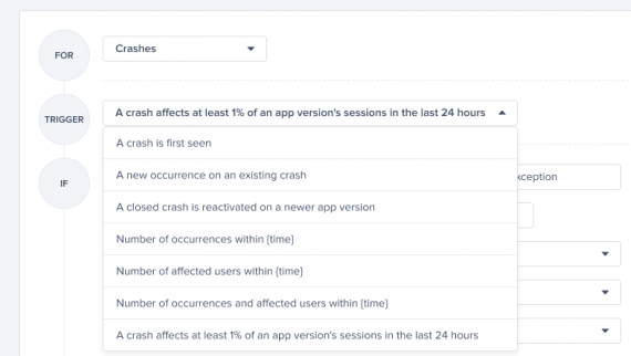 Screenshot of alert creation page with a trigger added for crashes that occur on 1% of an app version's sessions within 24 hours