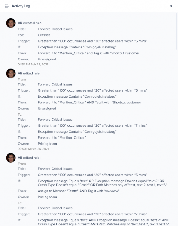 Screenshot of activity log showing creation and edit history