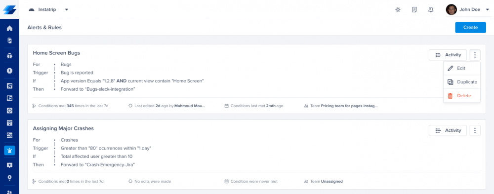 Screenshot of new alerts and rules list showing alert summary card