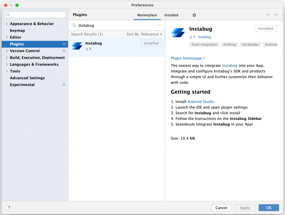 Screenshot of the Instabug plugin on Android Studio's marketplace