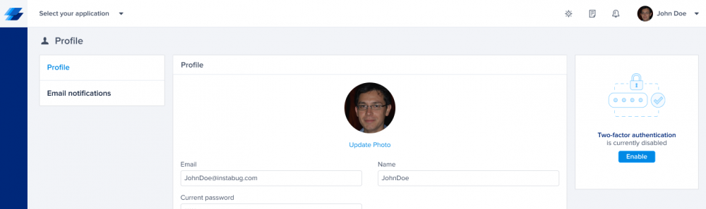 Instabug dashboard - profile page