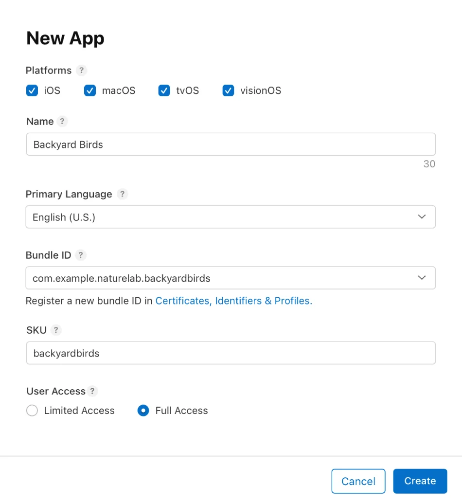 Add new app on App Store Connect