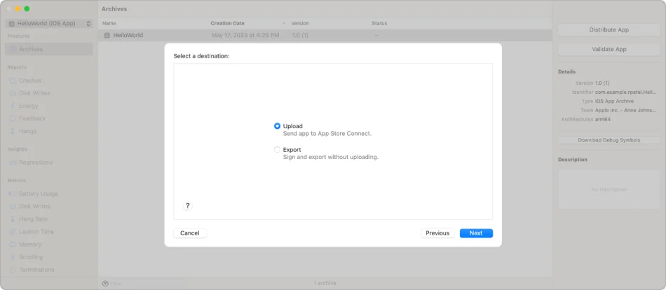 Upload app to App Store connect