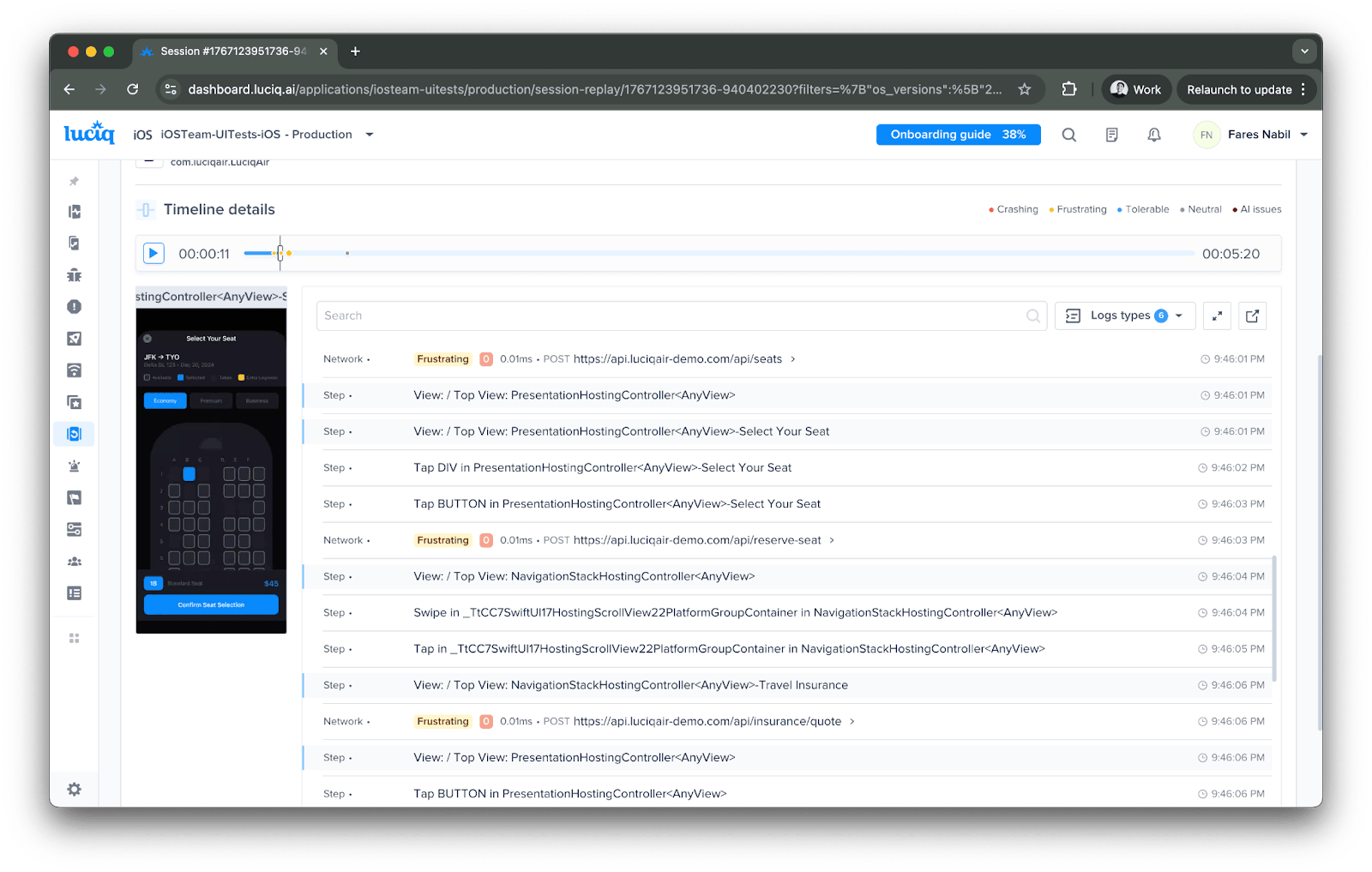Luciq WebViews screenshot showing embedded payment flow and frustration signals in mobile user journey.