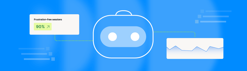 Graphic of AI bot agent displaying a 90%+ Frustration‑Free Score, illustrating the shift from mobile app observability to agentic AI workflows.