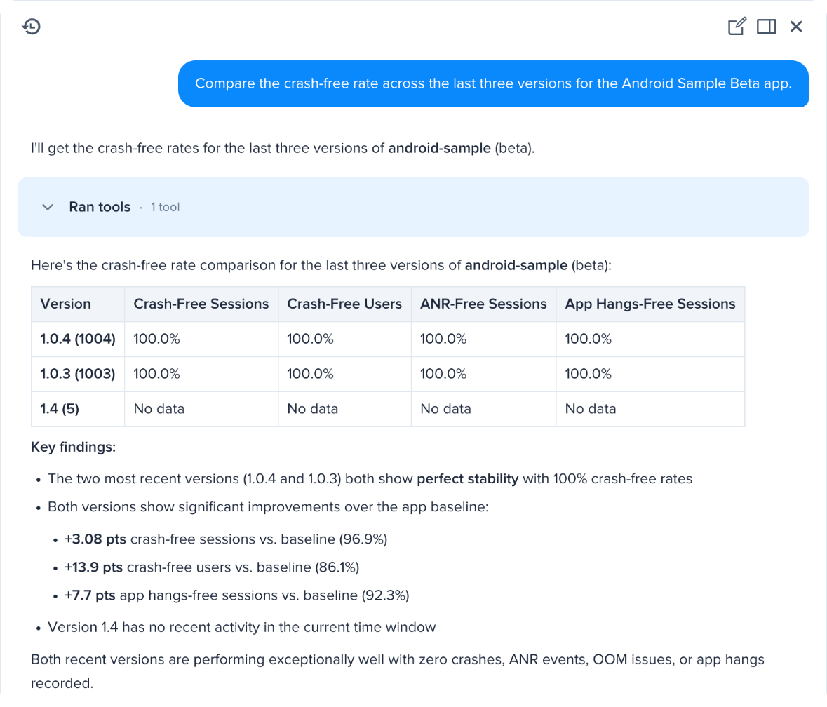 Luciq Agent in the dashboard comparing crash-free rate across the last three app versions.