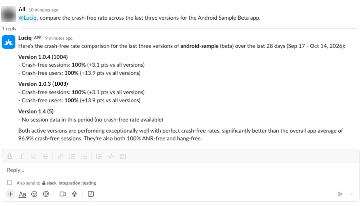 Luciq Agent answering a crash-free rate comparison in a Slack thread.