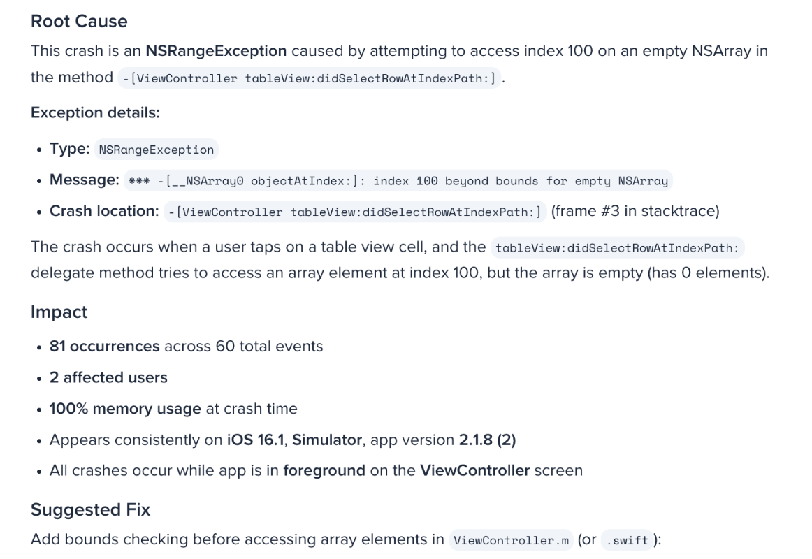 Luciq Agent’s root cause for a crash, showing the exception, where it happened, its impact and a suggested fix.