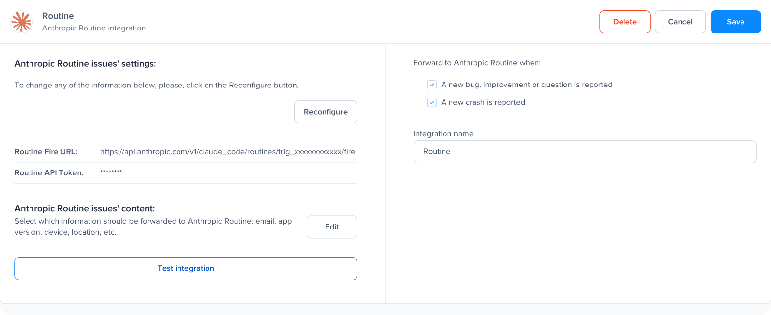 The Claude Routine integration in Luciq, set to forward every new bug and crash to a routine.