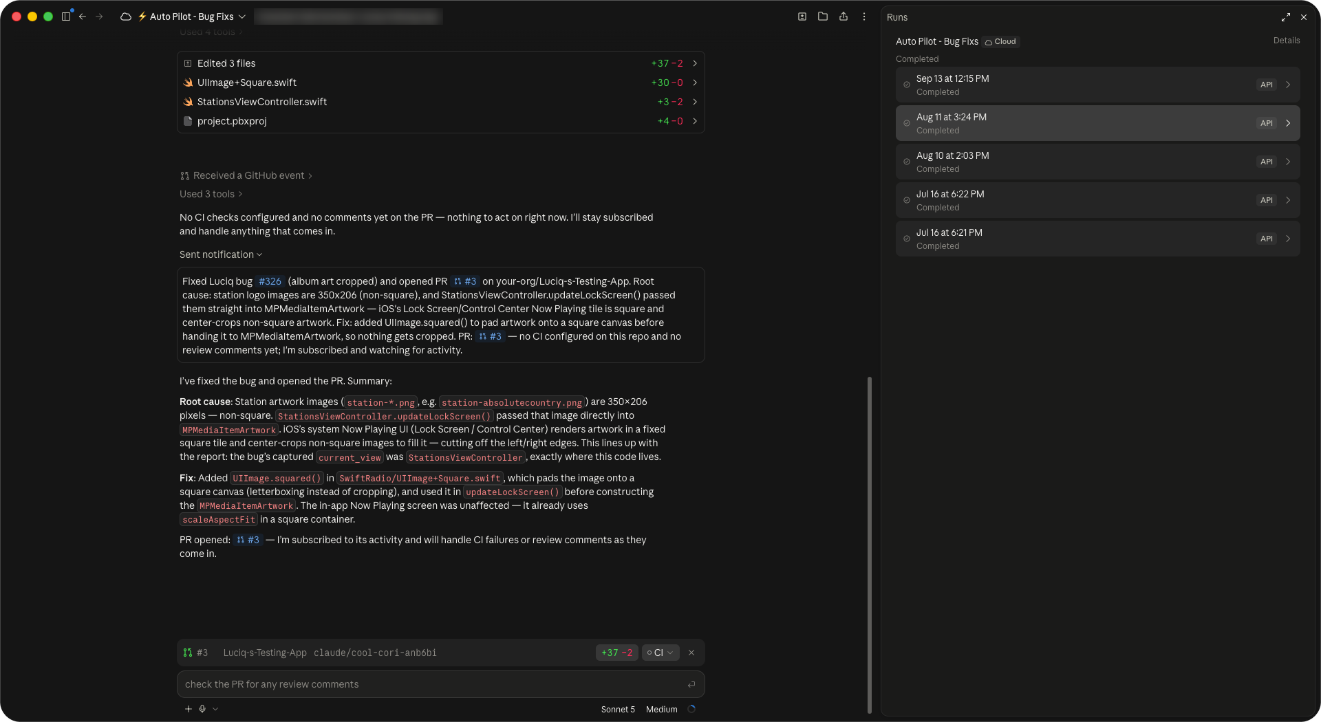 A Claude routine run started by a Luciq bug, which found the cause, fixed it and opened a pull request.