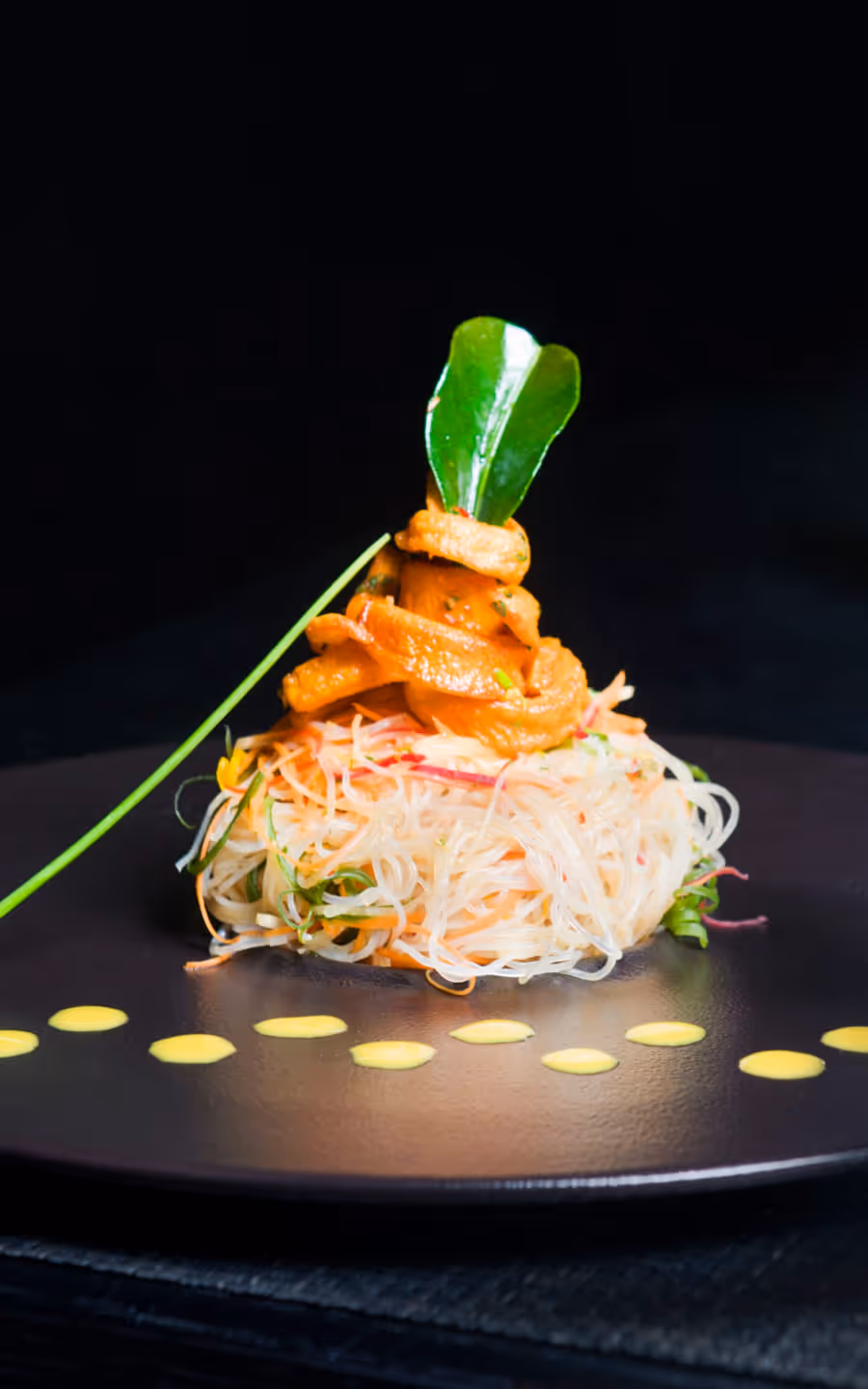 A gourmet dish served on a black plate, featuring a nest of noodles topped with vegetables and garnishes, with a row of yellow sauce dots around the edge.