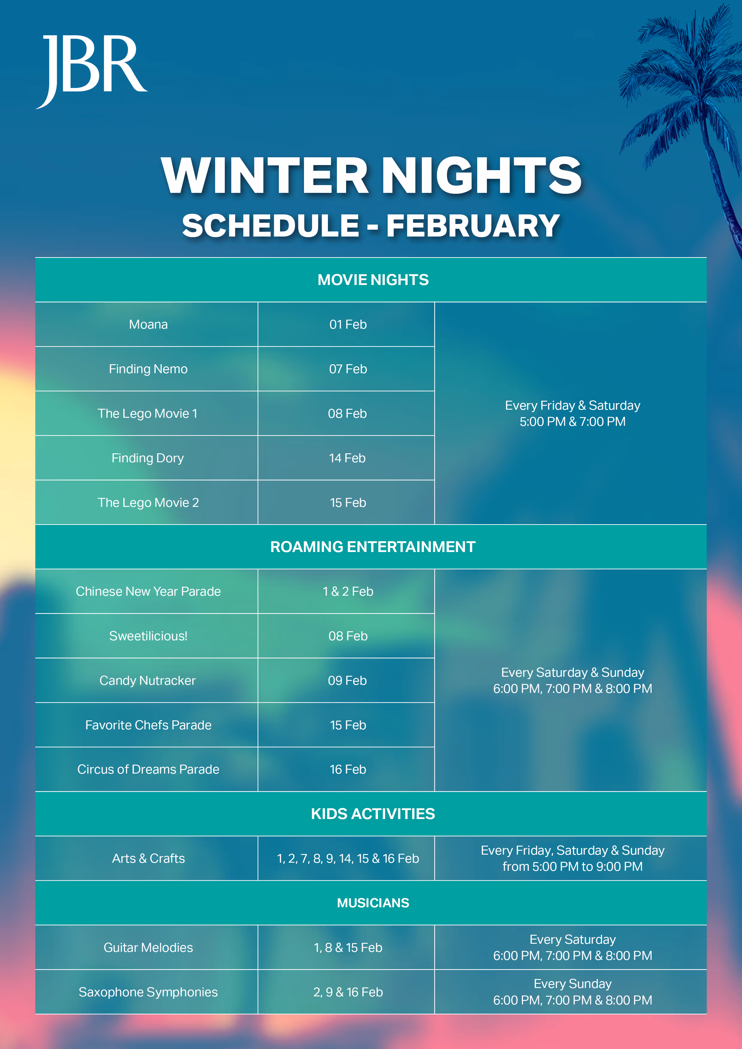 JBR Winter Nights February Schedule