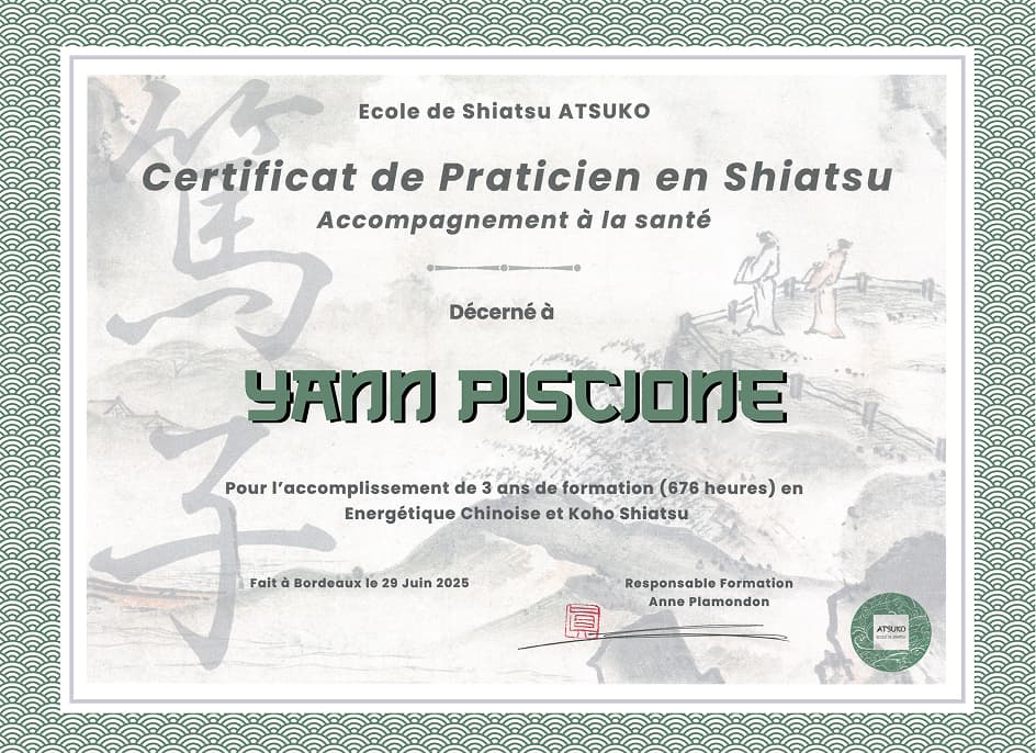 Photo du diplome de shiatsu délivré à Yann Piscione
