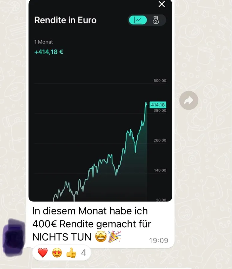 Screenshot aus Whatsapp mit einer Teilnehmerin, die zeigt, wie gut sie investiert hat