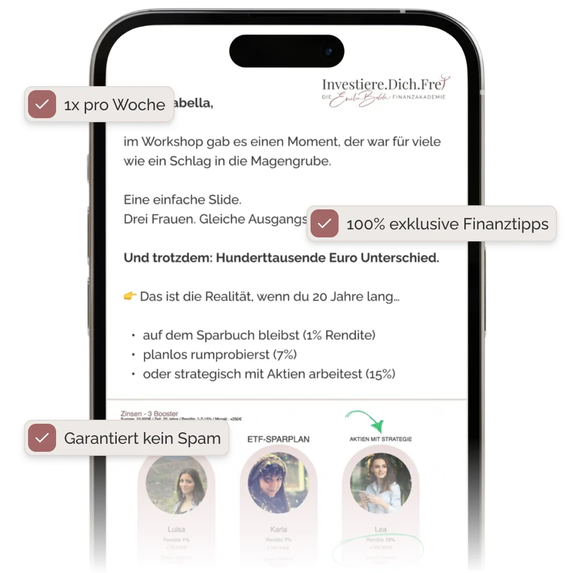 iPhone mit der neuesten Ausgabe des Investiere Dich Frei Newsletters